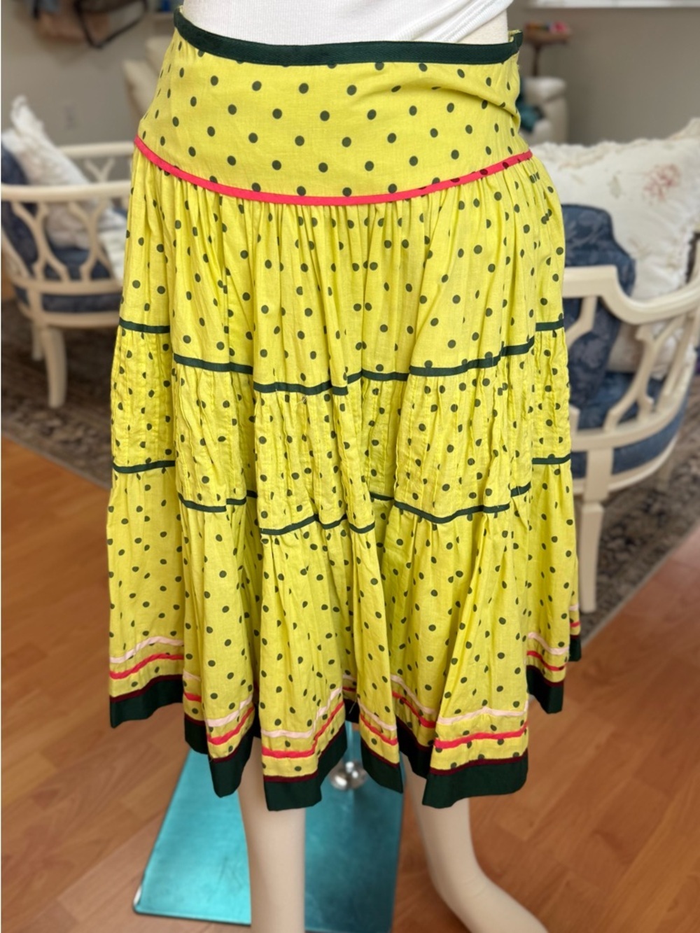 TRELISE COOPER Yellow Polka Dot Tiered Skirt with Green & Pink Trim